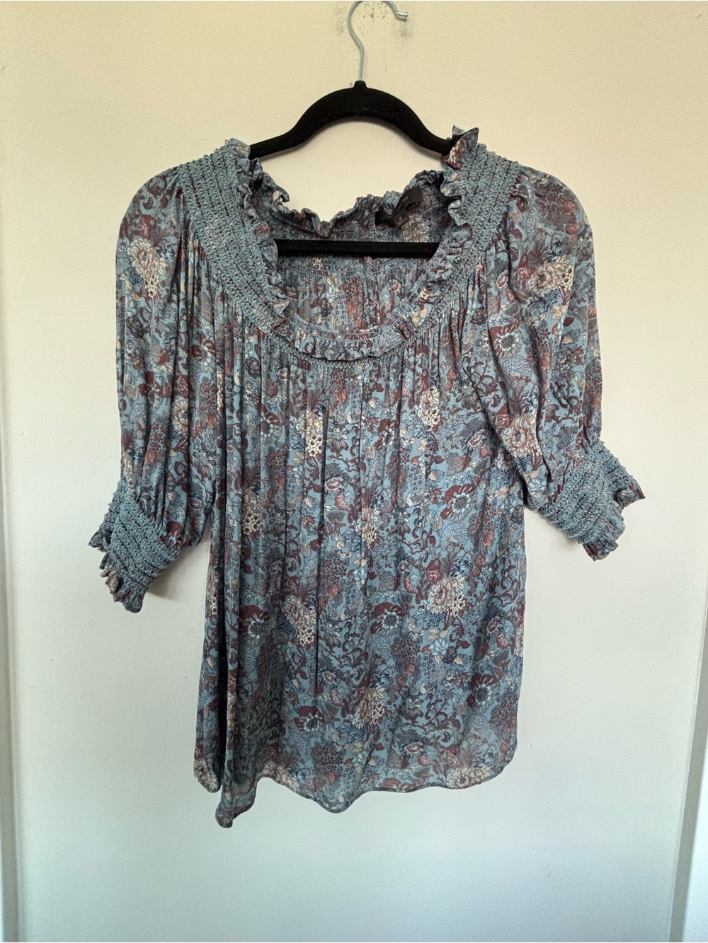 Frye Dusty Blue Floral Smocked Scoop-Neck Blouse